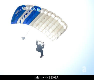 Un membre de la 98e Escadron d'entraînement au vol les ailes de l'équipe de démonstration de parachutisme Bleu descend vers afficher centre du tonnerre et de la foudre sur l'Arizona Journée portes ouvertes à la base aérienne Davis-Monthan Air Force Base, en Arizona, le 13 mars 2016. Les membres de l'équipe servent principalement comme jumpmasters et instructeurs, consacrant l'essentiel de leur temps à enseigner aux élèves à propos de la formation de parachutisme et de chute libre sans aide à faire skydives. (U.S. Photo de l'Armée de l'air par la Haute Airman Chris Massey/libérés) Banque D'Images