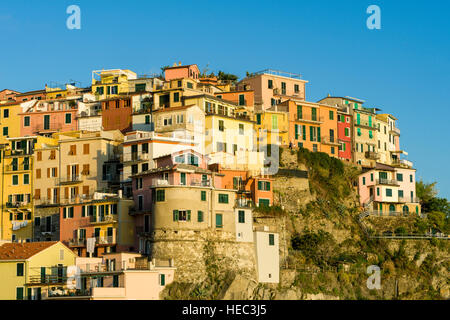 Les maisons colorées de Manarola ville sont entassés sur une colline sur le coût de la Mer Méditerranée Banque D'Images