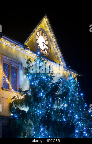 Les arbres de Noël et les lumières autour de la maison pendant la nuit. Tetbury Gloucestershire, Angleterre Banque D'Images