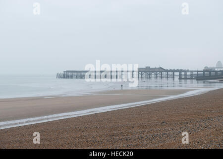 La jetée de Hastings, East Sussex, UK. Dec 19, 2016. Météo britannique. Jour brumeux, people walking dog sur la plage près de Hastings pier à foggy jour brumeux, Banque D'Images