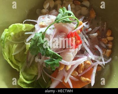 Lima, Pérou. 17 novembre, 2016. Ceviche, poisson sauce froide au citron vert, un plat classique péruvien, vu dans un restaurant à Lima, Pérou, le 17 novembre 2016. Lima est considérée comme la capitale culinaire de l'Amérique du Sud par beaucoup. Un péruvien et un chef d'origine allemande, sont considérés comme une grande réussite dans leur industrie. Gaston Acurio et Astrid Gutsche recrutent des jeunes de la sphère des pauvres. Photo : Georg Ismar/dpa/Alamy Live News Banque D'Images