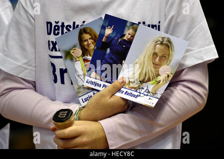 Brno, République tchèque. 18Th Oct, 2016. Un enfant tenant des photos de joueurs de tennis tchèque Lucie Safarova, Kristyna Pliskova et Petra Kvitova, de gauche, attend que le début de l'organisme de bienfaisance à Brno exhibition tennis le Mardi, Décembre 20, 2016. Deux fois championne de Wimbledon Petra Kvitova a dû annuler sa participation à l'événement en raison de blessures lors d'une attaque dans son appartement à Prostejov, en République tchèque. Le porte-parole de Karel Tejkal Kvitova dit mardi 20 décembre 2016 Kvitova a subi une blessure à la main gauche et a été traitée par les médecins. © Vaclav Salek/CTK Photo/Alamy Live News Banque D'Images