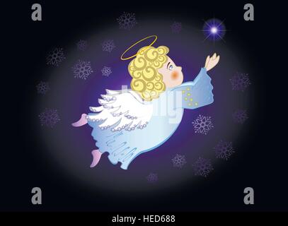 Funny décoratif stylisé ange volant dans le ciel de nuit et flocons de co star. EPS10 vector illustration Illustration de Vecteur