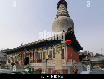 Taihuai : Wutai Shan, l'une des quatre montagnes sacrées du bouddhisme en Chine ; Tayuan ; Temple stupa blanc et Monk, Shanxi, Chine Banque D'Images