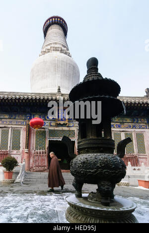 Taihuai : Wutai Shan, l'une des quatre montagnes sacrées du bouddhisme en Chine ; Tayuan ; Temple stupa blanc et Monk, Shanxi, Chine Banque D'Images