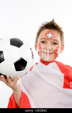 Garçon de 7 ans, Swiss fan de foot, supporteur de football Banque D'Images