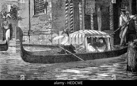 Une promenade en gondole sur les canaux de Venise, Italie, à partir d'une gravure sur bois de 1880, l'amélioration numérique Banque D'Images