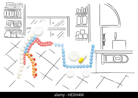Concept créatif médecine et soins de santé fait de pilules, médicaments dans votre panier, sur arrière-plan sommaire. Banque D'Images