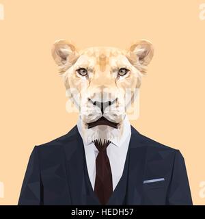 Lionne animal habillés en costume bleu marine avec cravate rouge. Homme d'affaires. Vector illustration. Illustration de Vecteur