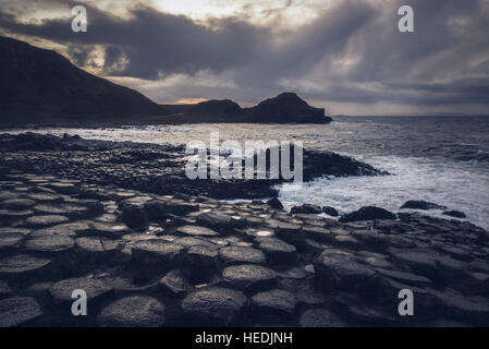 Giant's Causeway est un hot spot touristique dans l'Irlande du Nord. La région est une curiosité géologique, créé par des colonnes de basalte d'enclenchement. Banque D'Images