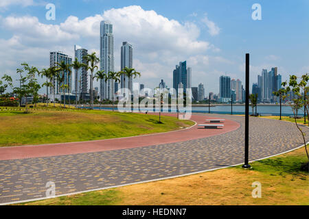 Vue sur le quartier financier au centre-ville de ville de Panama, Panama, avec un parc et de palmiers ; le concept de voyage au Panama Banque D'Images