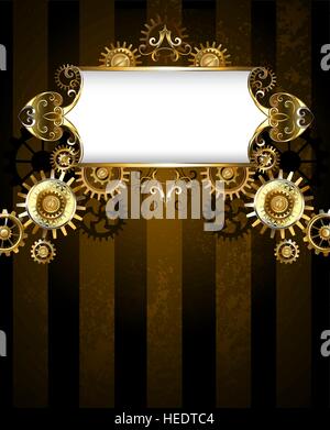 Bannière vintage avec un motif d'or sur un fond à rayures sombres avec de l'or et de bronze des engrenages. Background Steampunk. Illustration de Vecteur