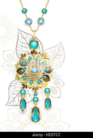 Médaillon or décorées dans un style oriental sur un fond à motifs turquoise clair. La conception de bijoux. Illustration de Vecteur