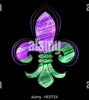 Fleur de lis, peint en vert et peinture mauve sur un fond noir. Illustration de Vecteur