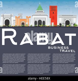 Rabat avec toits de bâtiments gris, ciel bleu et des réflexions. Vector Illustration. Les voyages d'affaires et tourisme Concept avec l'architecture historique. Illustration de Vecteur