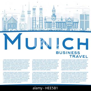 Munich contour bleu horizon avec les bâtiments et l'espace de copie. Vector Illustration. Les voyages d'affaires et tourisme Concept avec l'architecture historique. Illustration de Vecteur