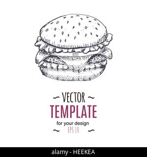 Burger vintage Vector dessin. Fast food monochrome dessinés à la main, l'illustration. Illustration de Vecteur