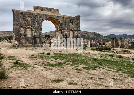 L'Arc de Caracalla, ruines romaines, Volubilis, Maroc Banque D'Images