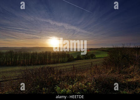 Coucher du soleil d'hiver dans le Lincolnshire Wolds,UK Banque D'Images