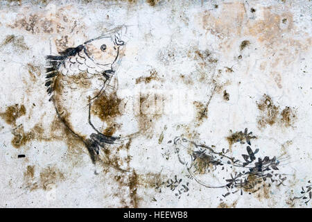 Vieux Mur avec peinture sur maison traditionnelle, ancienne ville Tangqi, Hangzhou, Province de Zhejiang, Chine Banque D'Images