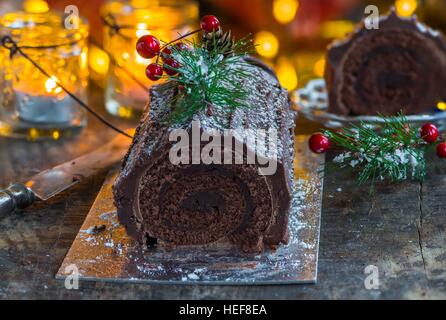 Bûche au chocolat de Noël Banque D'Images