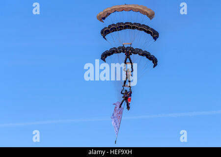 Trois des membres de l'ParachuteTeam Freefall Tigres empilés à l'approche de la terre en face de la foule au Salon aéronautique Southport Banque D'Images