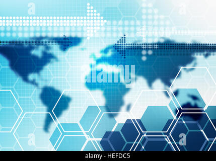 Image gradiented conceptuel numérique business technology background rayé hexagonale avec la flèche et blured carte du monde pour la marque, présentation, Banque D'Images