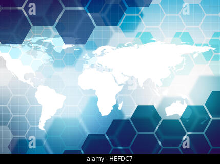 Image gradiented conceptuel numérique technologie d'affaires à rayures hexagonale avec fond de carte du monde, marque de l'entreprise Présentation, design graphique. Banque D'Images