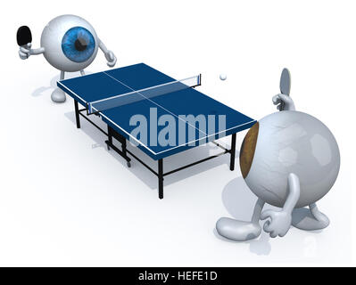 Deux globes oculaires avec les bras et les jambes que jouer au tennis de table, 3d illustration Banque D'Images