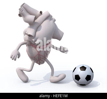 Coeur de l'homme l'orgue avec les bras et les jambes qui jouent au soccer, 3d illustration Banque D'Images