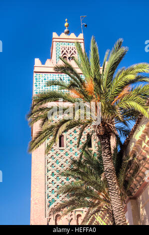 Minarette ou tour d'une mosquée avec un palmier dans le centre de Marrakech, Maroc Banque D'Images