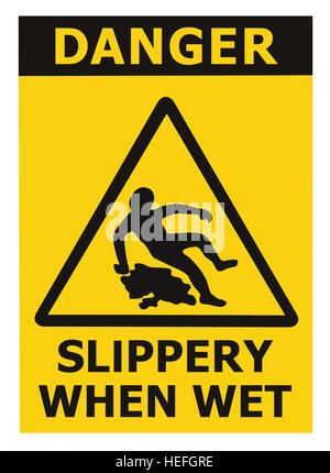 Attention glissante lorsque mouillée, signe Texte Jaune Noir Surface de plancher isolé Triangle d'avertissement de danger l'icône Sécurité Signalisation, grand autocollant détaillé Banque D'Images