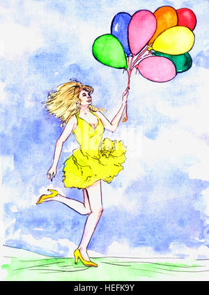 Belle femme en robe jaune s'amusant avec des ballons colorés en journée ensoleillée, peinte à l'aquarelle illustration Banque D'Images