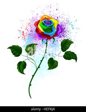 Rainbow rose avec une tige verte et de feuilles vertes sur fond blanc, à l'ombre des éclaboussures de peinture. Illustration de Vecteur