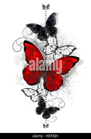 La composition d'un papillon noir et rouge vif papillons sur fond blanc. Style de tatouage. Morpho. Illustration de Vecteur