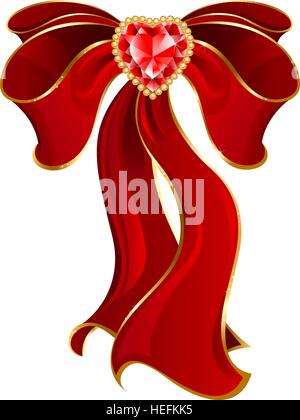 Arc stylisé luxueux de soie rouge, décoré de rubis en forme de coeur et perles d'or. Illustration de Vecteur