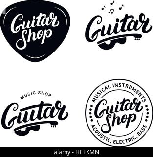 Jeu de guitare shop lettrage écrit à la main les logos, emblèmes, insignes. Vintage style. Isolé sur fond blanc. Vector illustration. Illustration de Vecteur