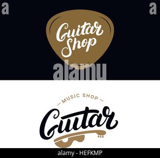 Jeu de guitare shop lettrage écrit à la main les logos, emblèmes, insignes. Vintage style. Isolé sur fond. Vector illustration. Illustration de Vecteur