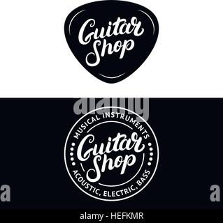 Jeu de guitare shop lettrage écrit à la main les logos, emblèmes, insignes. Vintage style. Isolé sur fond blanc. Vector illustration. Illustration de Vecteur