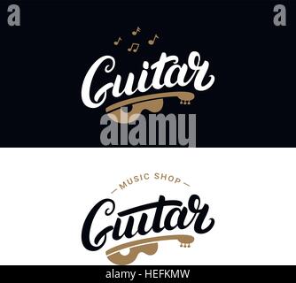 Jeu de guitare shop lettrage écrit à la main les logos, emblèmes, insignes. Vintage style. Isolé sur fond blanc. Vector illustration. Illustration de Vecteur