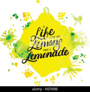 Si la vie vous donne des citrons, faire de la limonade lettrage écrit à la main sur fond d'aquarelle. La calligraphie au pinceau moderne. Citation de motivation avec le citron pour ca Illustration de Vecteur