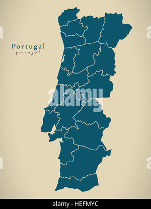 Carte moderne - Portugal PT districts avec illustration Banque D'Images