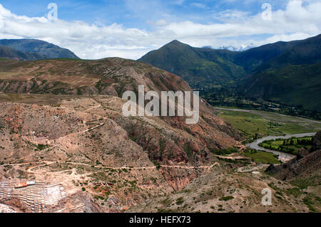 Vue générale de la Vallée Sacrée près de Cuzco depuis les mines de sel de Maras. La Vallée Sacrée des Incas ou la vallée de l'Urubamba est une vallée de la Une Banque D'Images