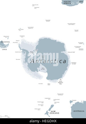 Carte politique de l'Antarctique. La région polaire antarctique autour du pôle Sud de la terre avec les îles et les plates-formes de glace. Gris illustration Banque D'Images
