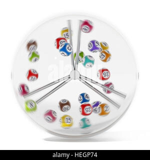 Boules de bingo multicolores tournant à l'intérieur de la sphère de verre. 3D illustration. Banque D'Images