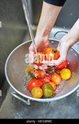 laver les tomates patrimoniales Banque D'Images