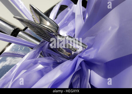 Mascotte de capot Capot aile volante sur une Bentley, voiture de mariage avec un ruban noué autour de lilas Banque D'Images