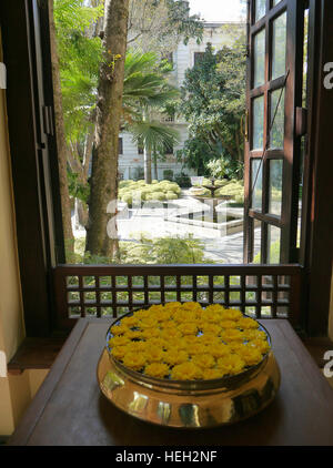 Un bol de chrysanthèmes jaunes flottants de l'intérieur de la galerie donnant sur le jardin de rêves Katmandou, Népal.Asie. Banque D'Images