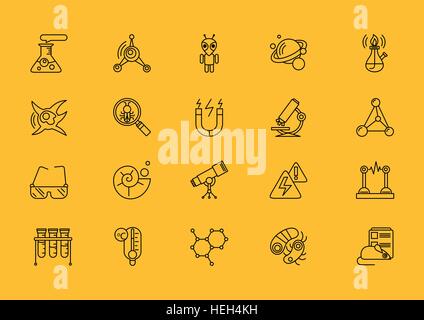 Ensemble de lignes fines, science, contours, traits d'icônes. Symboles de tube, spiritlamp sciences, ampoule, magnet, microscope, télescope Illustration de Vecteur