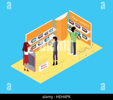 Store design comprimés isométrique à plat. Écran de tablette, la technologie de l'homme achat shopping tablet, tablet boutique, commerce électronique, Illustration de Vecteur